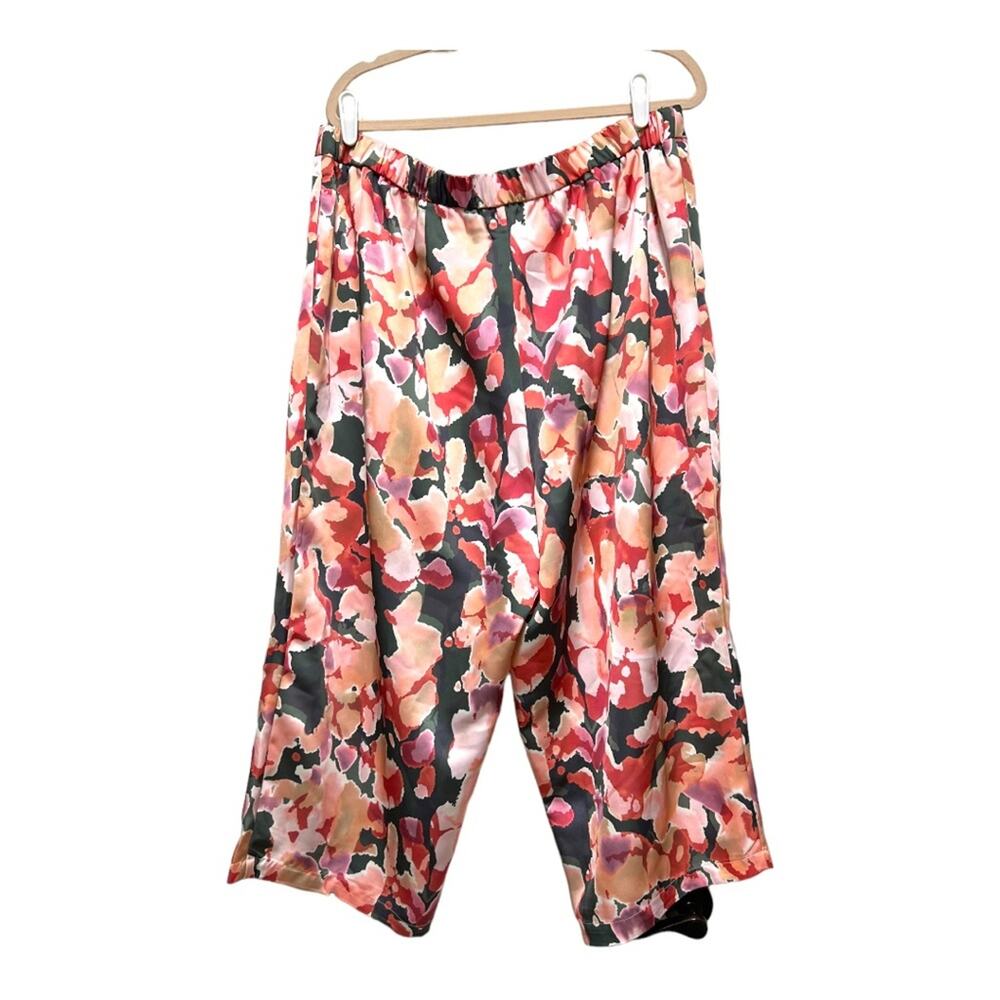 Eloquii Cropped Pink Green Abstract Watercolor Satin Stretchy Art to Wear Pants